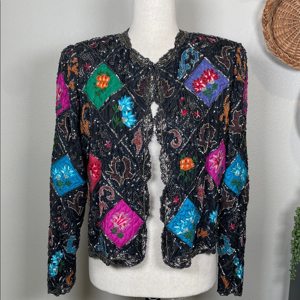 Vintage 80’s Silk Sequin Beaded Quilted Embroidered Trophy Jacket Jewel Tones M